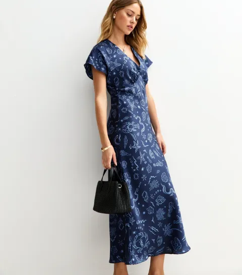 Women's Navy Shell Print Satin V-Neck Midi Dress