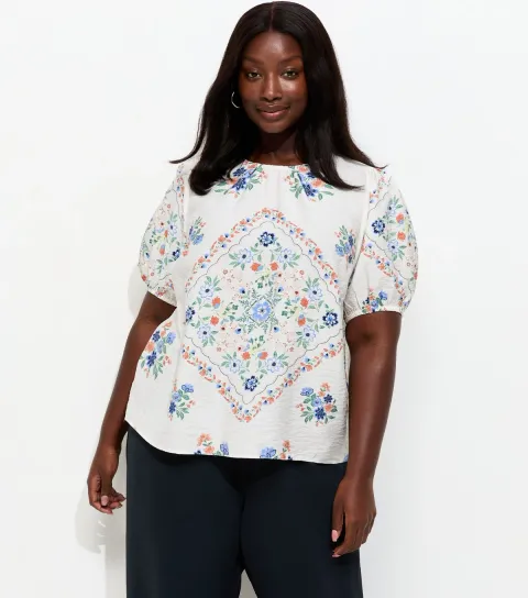 Women's Plus Size Cream Scarf Print Puff Sleeve Top Curves