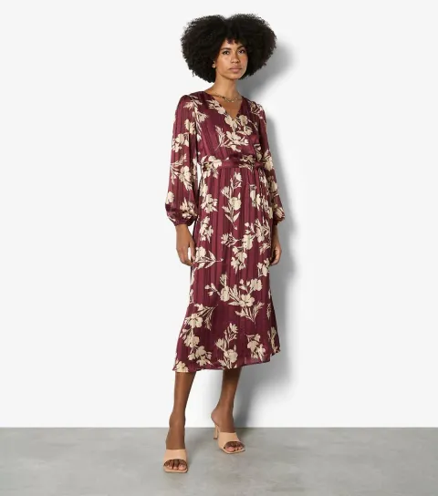 Women's Burgundy Floral Long Sleeve Midaxi Dress