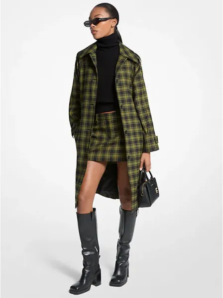 Plaid Stretch Wool Belted Balmacaan Coat