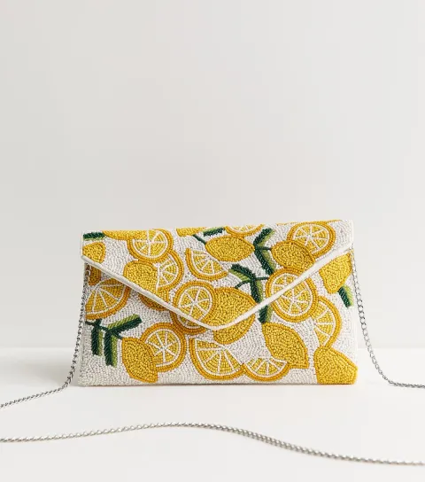 White Citrus Pattern Beaded Envelope Clutch