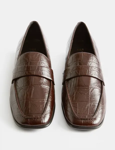 Marks & Spencer Croc Slip On Block Heel Square Toe Loafers Wine