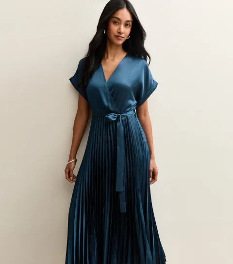 New Look Women's Navy Satin Pleated Wrap Midi Dress