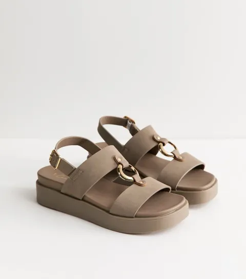 New Look Women's Light Brown Faux Suede Hardware Detail Flatform Sandals Vegan