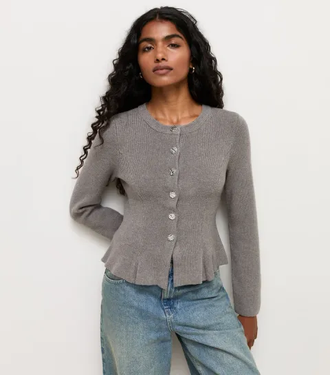 New Look Women's Petite Grey Rib Knit Peplum Cardigan