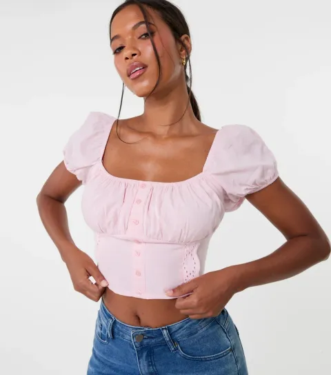 Women's Pink Broderie Crop Top