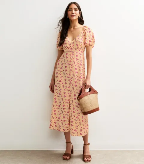 Women's Yellow Floral Print Puff Sleeve Midi Dress
