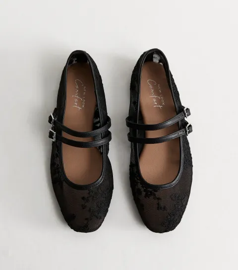 Women's Black Floral Mesh Double Strap Mary Jane Pumps Vegan