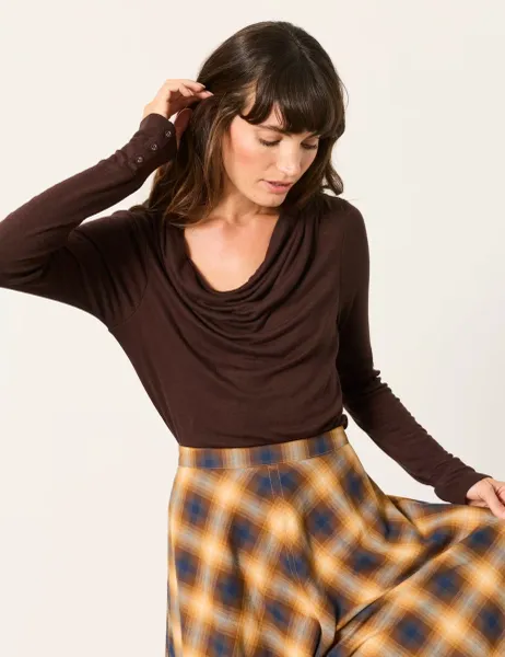 FatFace Cowl Neck Button Detail Top with Wool Chocolate