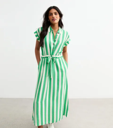 Women's Green Stripe Print Tie Front Shirt Dress
