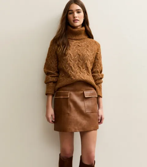 Women's Tan Cracked Faux Leather Mini Skirt