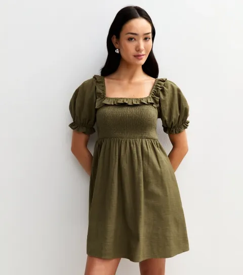 Women's Khaki Puff Sleeve Shirred Mini Dress