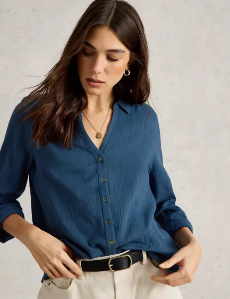 White Stuff Pure Cotton Collared Shirt Navy