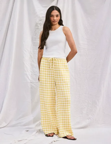 RO&ZO Cheesecloth Check Drawstring Wide Leg Trousers Yellow Mix