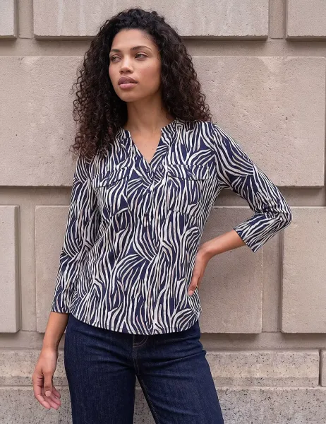 Roman Petite Animal Print Button Top Navy Mix