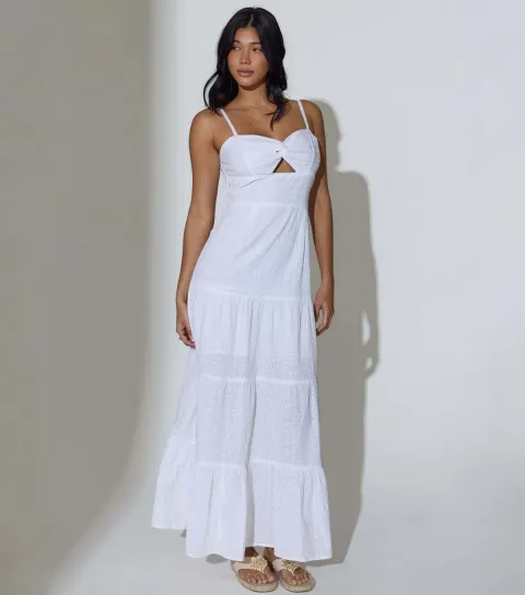 Women's White Broderie Anglaise Twist Maxi Dress