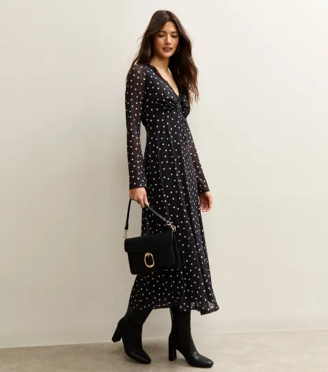 Women's Black Polka Dot Mesh Long Sleeve Midi Dress