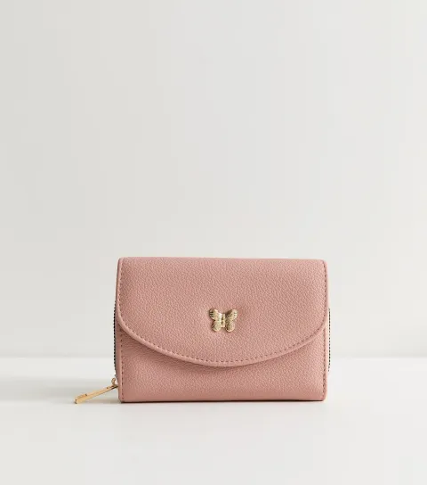 Light Pink Faux Leather Butterfly Charm Compact Purse
