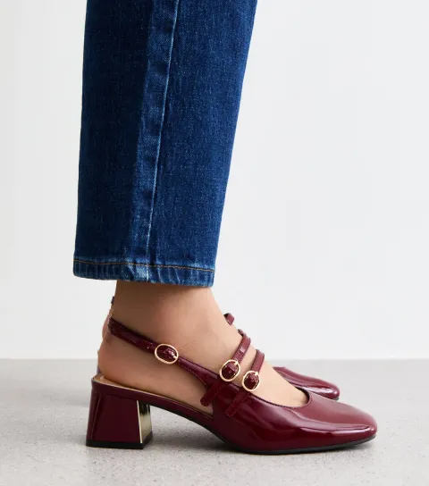 Women's Wide Fit Burgundy Block Heel Mary Jane Shoes Vegan