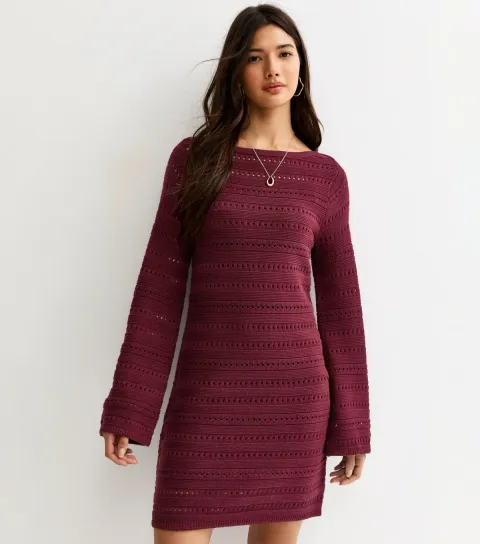 New Look Women's Dark Purple Cotton Rich Pointelle Slash Neck Mini Dress