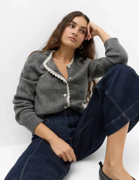 Marks & Spencer Lace Detail Crew Neck Cardigan Mid Grey