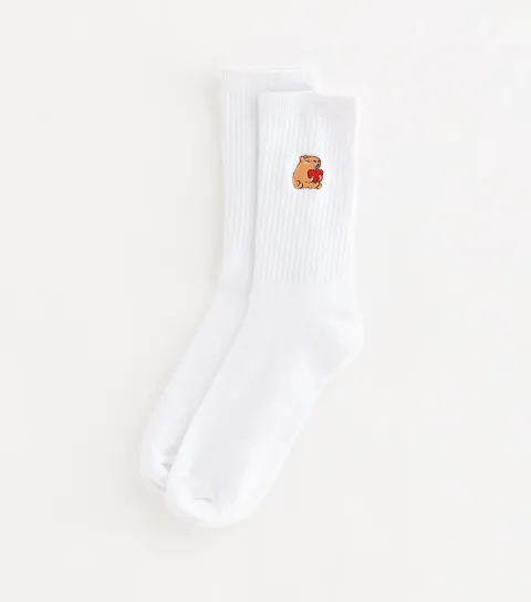 White Embroidered Capybara Tube Socks