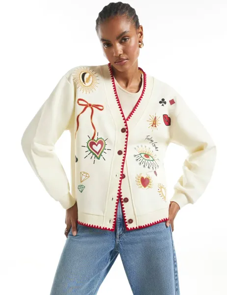 River Island Quirky Embroidered Sweatshirt Cardigan Cream Mix