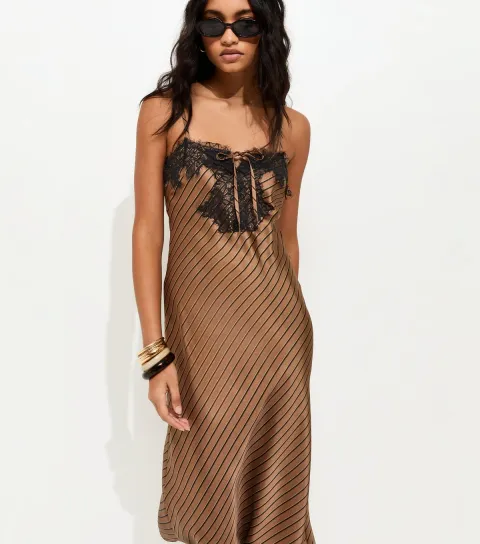 Women's Brown Satin Striped Slip Midi Dress