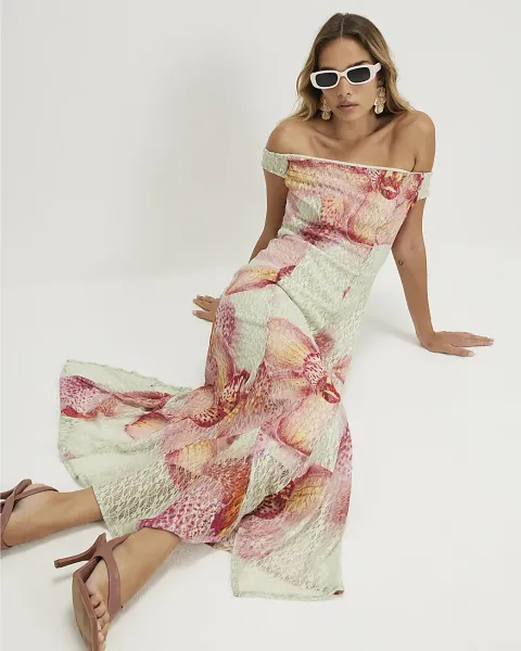 River Island Floral Lace Bardot Midi Maxi Dress