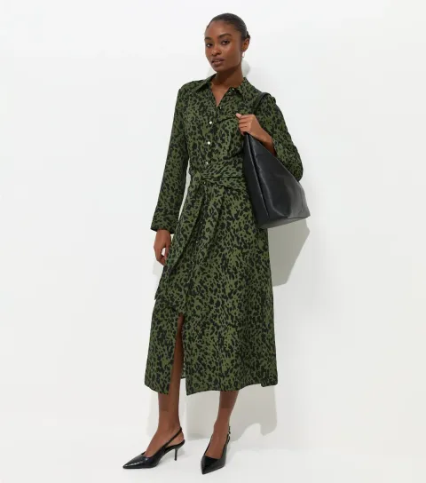 Women's Green Abstract Print Long Sleeve Shirt Dress