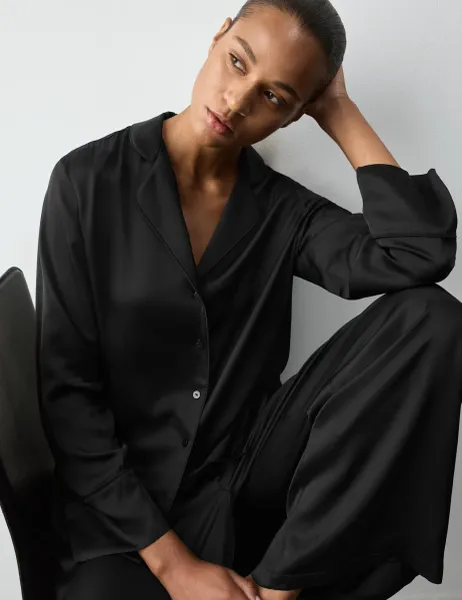 Autograph Premium Satin Revere Pyjama Top Black