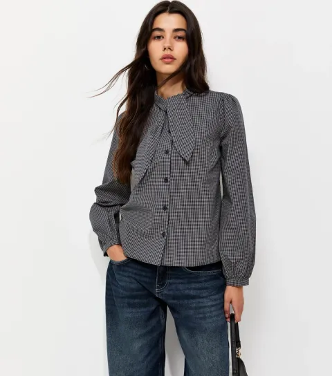 Women's Black Check Neck Tie Long Sleeve Shirt