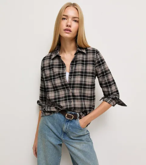New Look Women's Black Cotton Check Fitted Long Sleeve Shirt