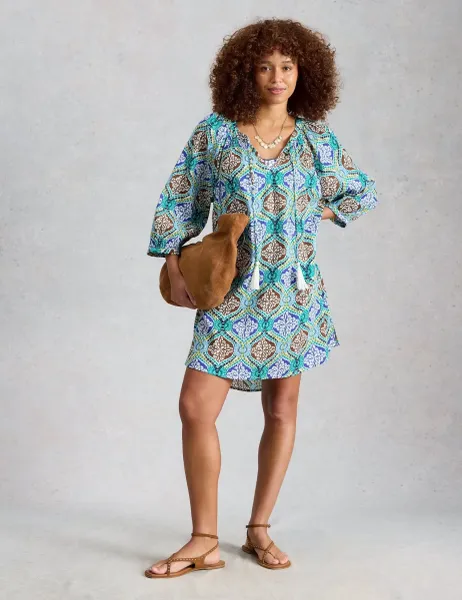 White Stuff Pure Cotton Printed Mini Beach Dress Green Mix
