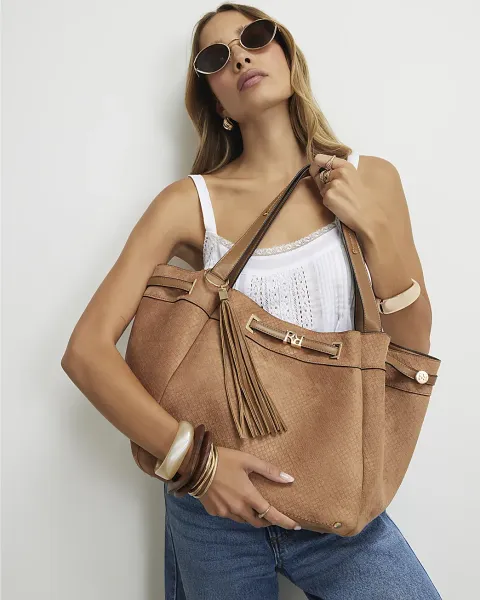 River Island Faux Suede Monogram Winged Shopper Bag