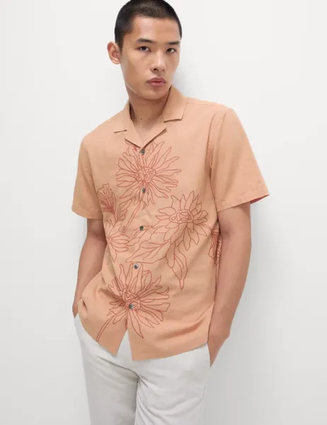 Marks & Spencer Linen Cotton Floral Embroidery Shirt Orange Mix