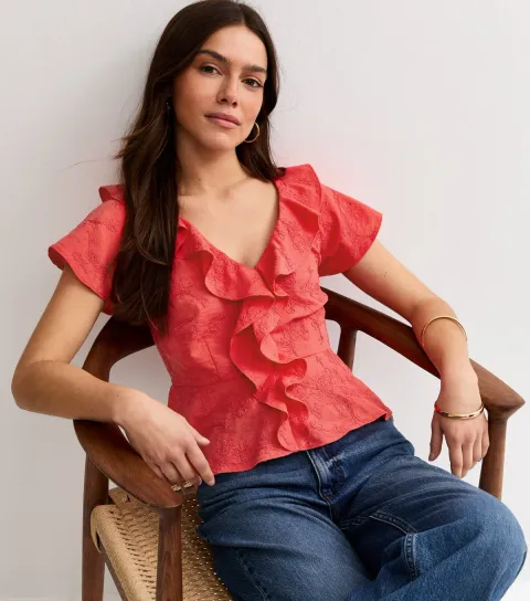 Women's Petite Coral Frill Embroidered Tea Top