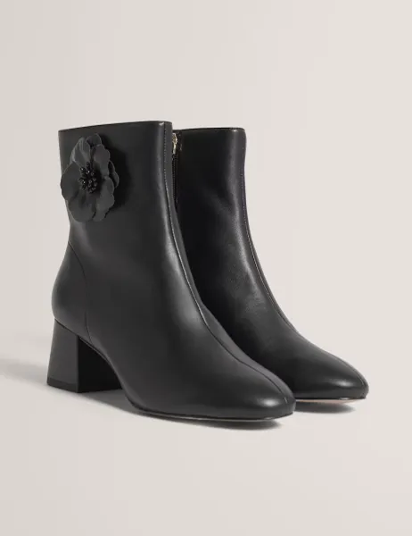 Leather Flower Detail Block Heel Ankle Boots Black