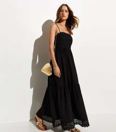 Women's Black Crochet Panel Beach Maxi Dress