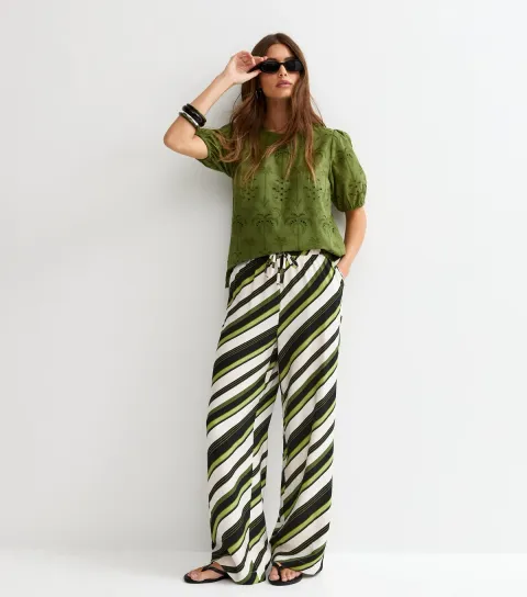 Women's Green Diagonal Stripe Wide Leg Trousers