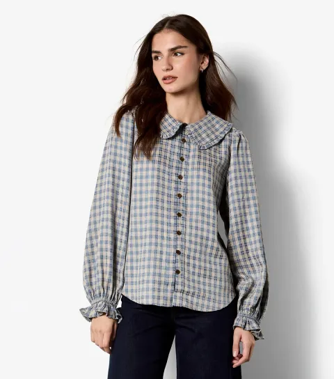 Women's Blue Chenille Checked Ruffled Shirt