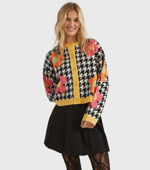 Women's Multi Colour Dogstooth Flower Knit Cardigan