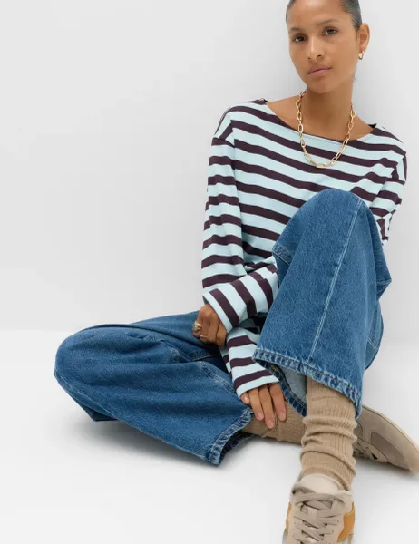 Marks & Spencer Pure Cotton Striped Crew Neck T-Shirt Blue Mix