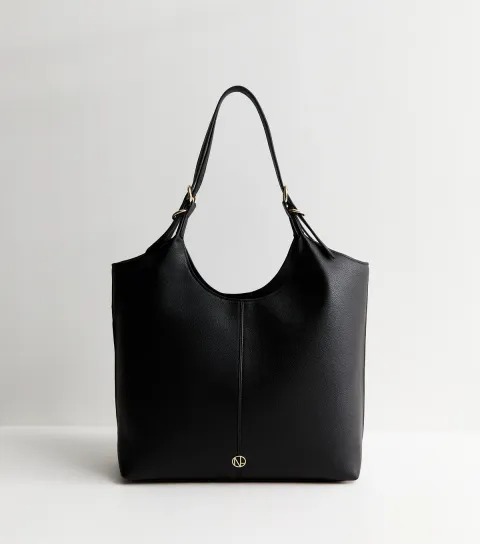 Black Faux Leather Soft Scoop Top Tote Bag Vegan