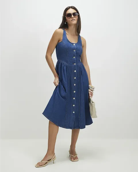River Island Denim Button Front Midi Dress