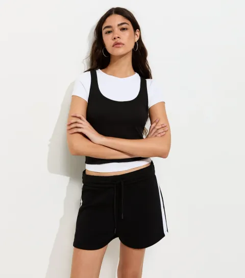 Women's Black Cotton Rich Fold Over Waistband Side Stripe Shorts