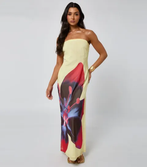 Women's Yellow Floral Print Bandeau Maxi Dress