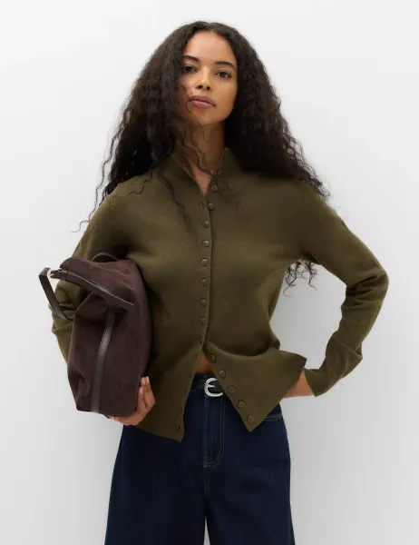 Marks & Spencer Funnel Neck Slim Fit Cardigan with Wool Olive