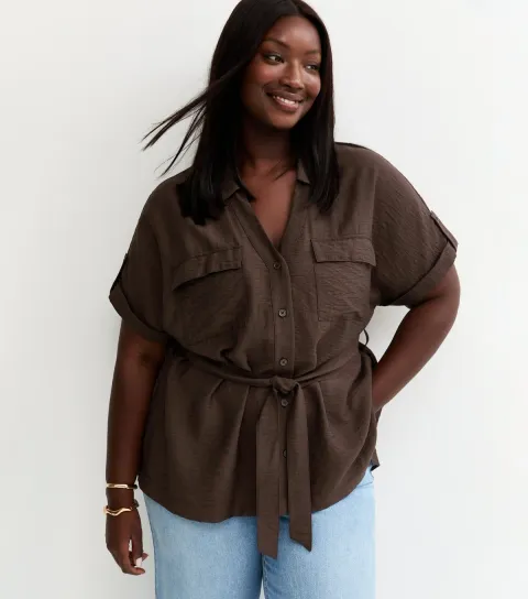 Women's Plus Size Dark Brown Tie Belt Utility Shirt Curves
