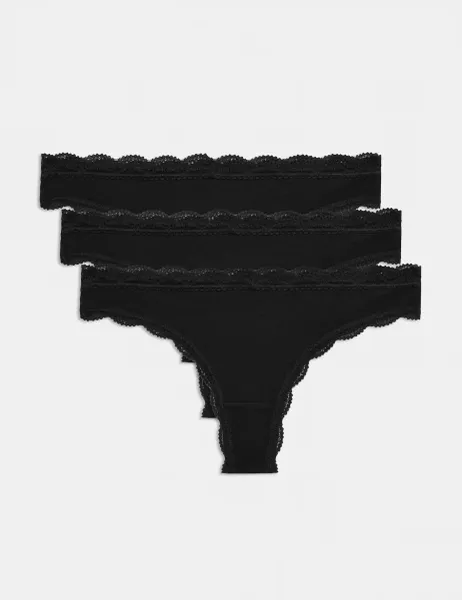 Marks & Spencer 3pk Cotton Rich Tanga Thongs Black